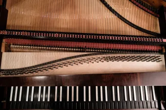 Close up of a pianoforte key bed and strings