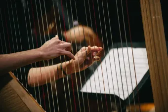 Close up of hands plucking harp strings