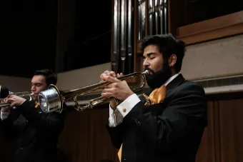a jazz trumpeter performs with Jazz Band in Bates recital Hall