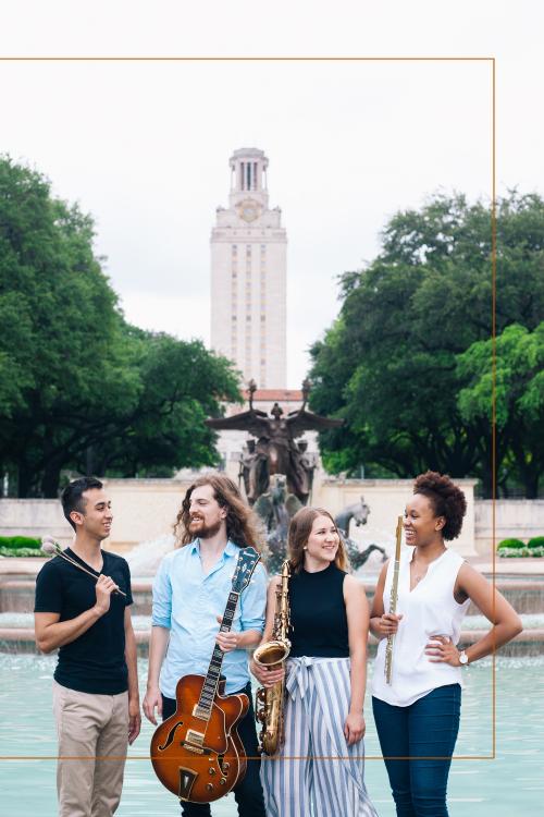 four students with instruments stand and chat with the UT tower in the background.